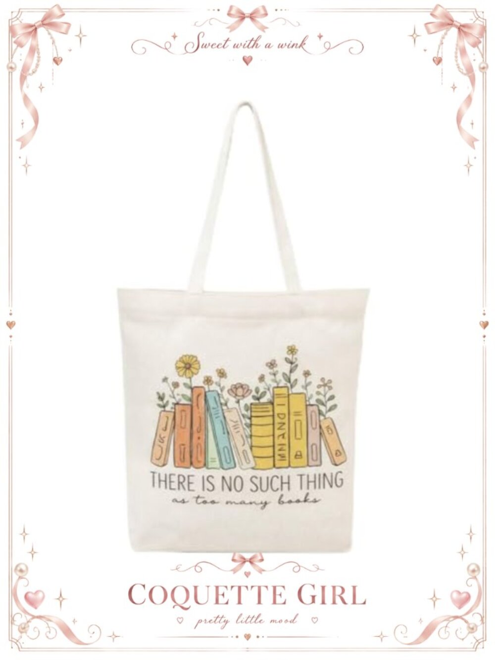 Canvas Tote Bag Book and Floral Design Reusable Shopping Bag